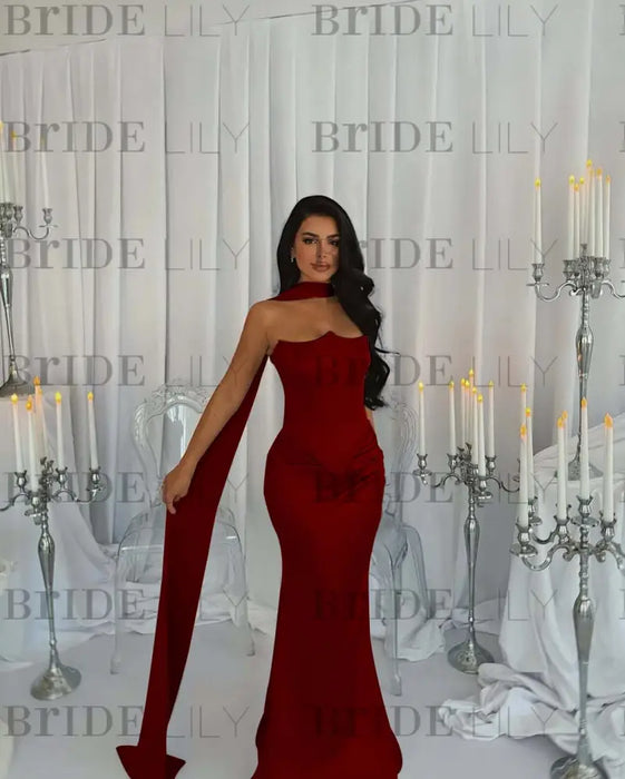 Stunning Satin Mermaid Prom Dress Burgundy Beadings with Wrap