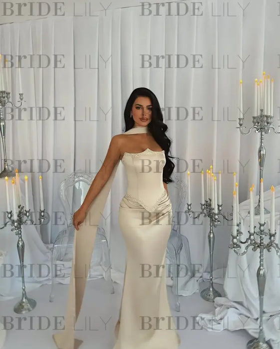 Stunning Satin Mermaid Prom Dress Champagne Beadings with Wrap