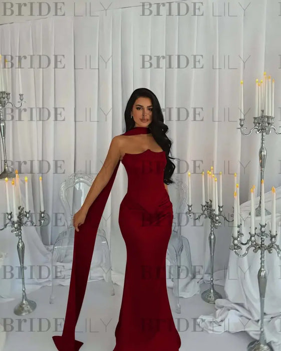 Stunning Satin Mermaid Prom Dress Dark Burgundy Beadings with Wrap