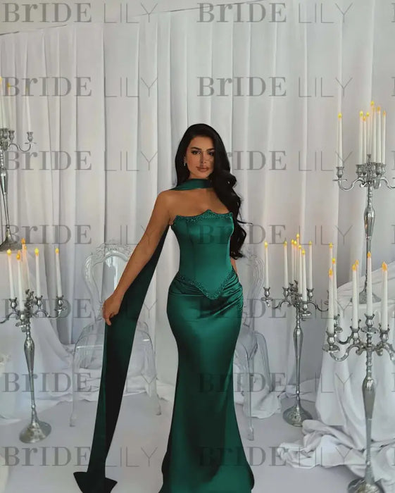 Stunning Satin Mermaid Prom Dress Dark Green Beadings with Wrap