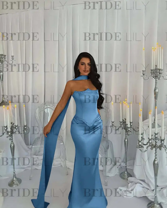 Stunning Satin Mermaid Prom Dress Dusty Blue Beadings with Wrap