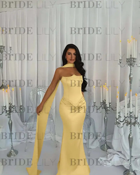 Stunning Satin Mermaid Prom Dress Yellow Beadings with Wrap