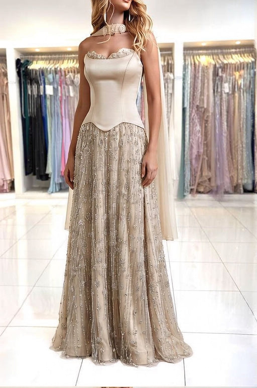 Strapless Satin Floor-Length A-Line Prom Dress with Beasings