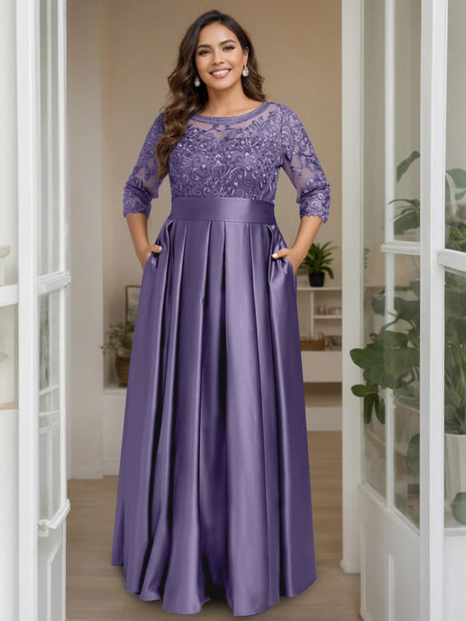 Tahiti Plus Size Floor-Length Mother of the Bride A-Line Dress with 3/4 Sleeves Scoop Neck Bow & Sequins