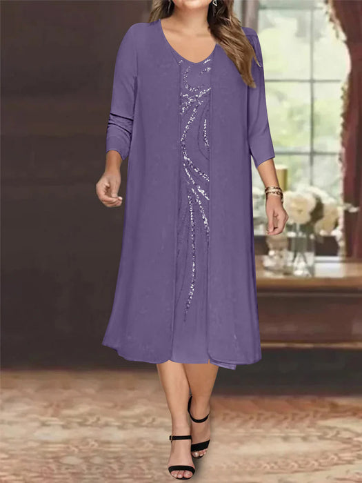 Tahiti V-Neck Long-Sleeve Tea-Length Plus Size Mother of the Bride Dress with Jacket and Sequins