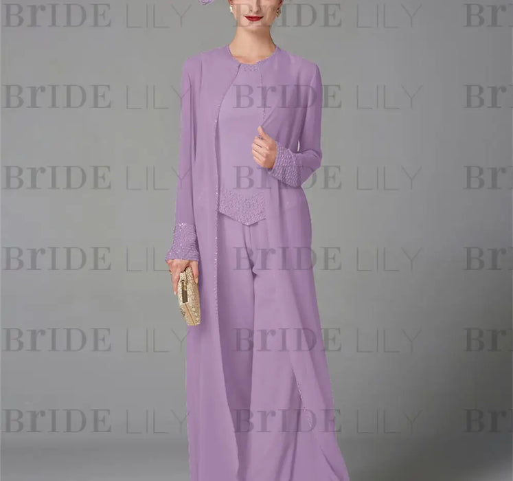 Long-Sleeve Chiffon Mother of the Bride Pantsuit with Jacket and Sequins