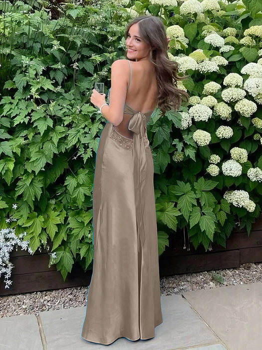 Taupe V-neck Beaded Satin A Line Prom Dress