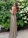Taupe V-neck Beaded Satin A Line Prom Dress