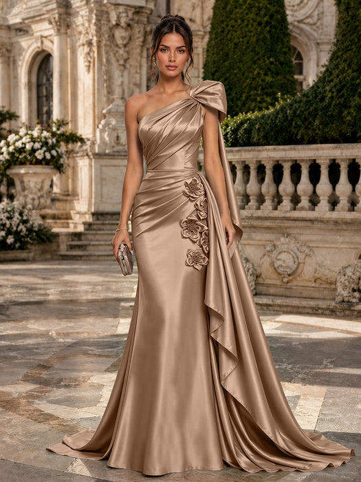 Taupe One Shoulder Satin Mermaid Evening Dresses with 3D Flowers