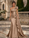 Taupe One Shoulder Satin Mermaid Evening Dresses with 3D Flowers