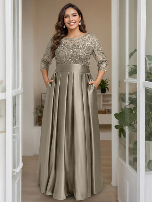Taupe Plus Size Floor-Length Mother of the Bride A-Line Dress with 3/4 Sleeves Scoop Neck Bow & Sequins