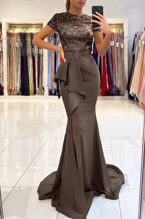 Taupe Short Sleeve Lace Mermaid Prom Dress with Slit