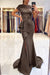 Taupe Short Sleeve Lace Mermaid Prom Dress with Slit
