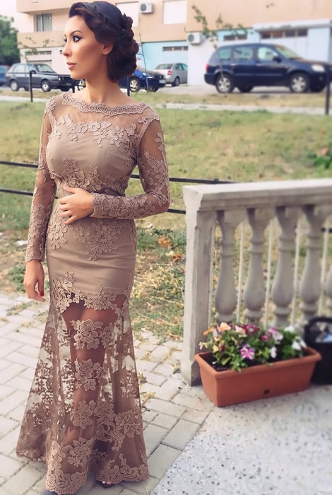Taupe Trumpet/Mermaid Bateau Long Sleeves Applique Lace Dresses - Prom Dresses