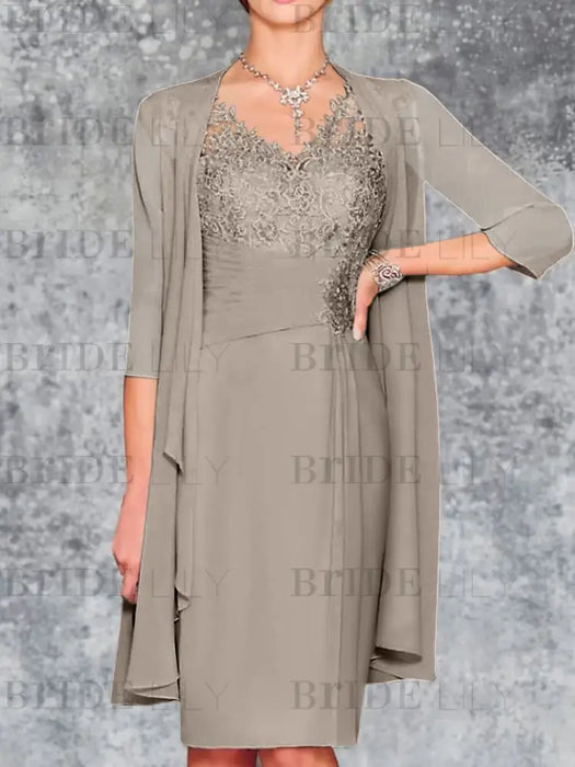 Taupe Knee-Length V-Neck Sheath/Column Mother of the Bride Dresses