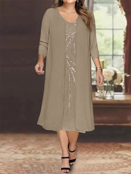Taupe V-Neck Long-Sleeve Tea-Length Plus Size Mother of the Bride Dress with Jacket and Sequins