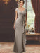 V-Neck Short-Sleeve Floor-Length Sheath Dress for the Mother of the Bride with Ruffles and Appliques