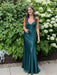 Teal V-neck Beaded Satin A Line Prom Dress