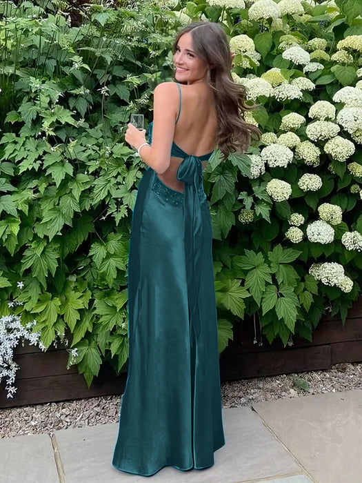 Teal V-neck Beaded Satin A Line Prom Dress