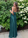 Teal V-neck Beaded Satin A Line Prom Dress