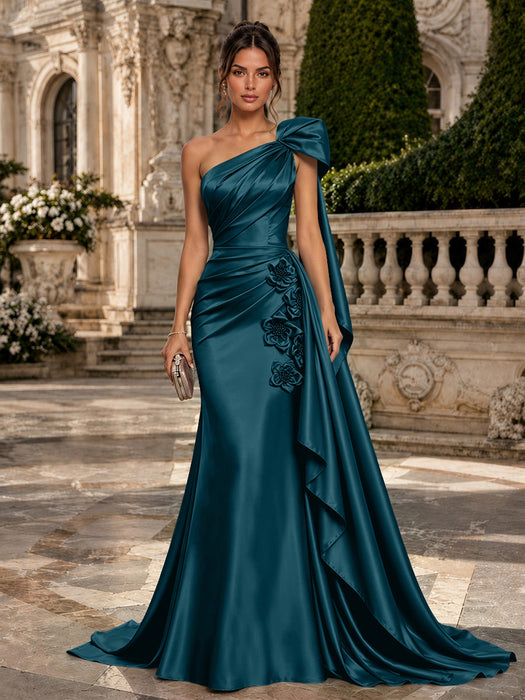 Teal One Shoulder Satin Mermaid Evening Dresses with 3D Flowers