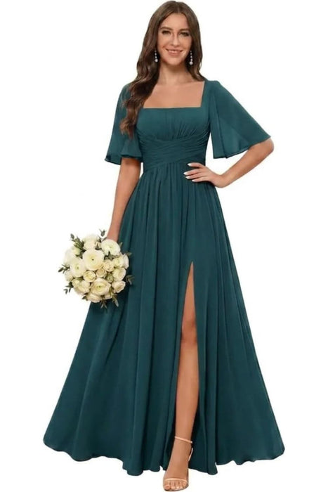 Square Neck Ruffle Sleeve Chiffon Bridesmaid Dress with Slit