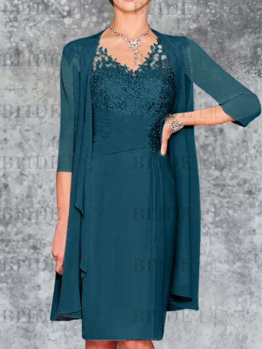 Teal Knee-Length V-Neck Sheath/Column Mother of the Bride Dresses