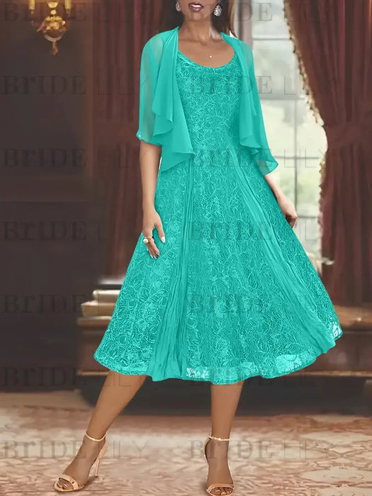 Princess A-Line Tea-Length Mother of the Bride Dress with Scoop Neck Half Sleeves Appliques and Jacket