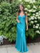 Turquoise V-neck Beaded Satin A Line Prom Dress