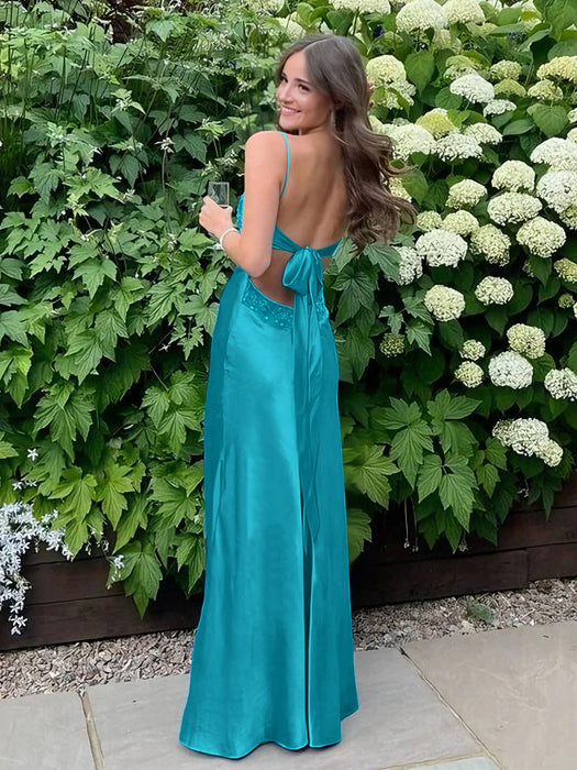 Turquoise V-neck Beaded Satin A Line Prom Dress