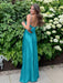 Turquoise V-neck Beaded Satin A Line Prom Dress