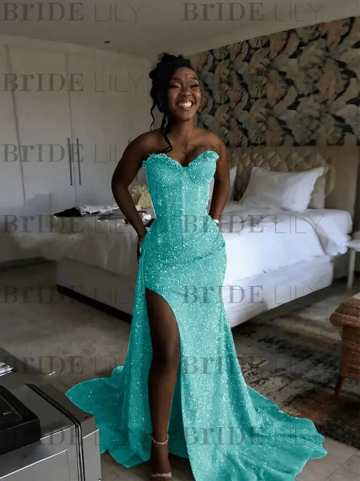 Turquoise Sparkly Strapless Mermaid Sequined Prom Dress with Slit