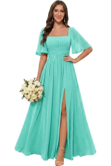 Square Neck Ruffle Sleeve Chiffon Bridesmaid Dress with Slit