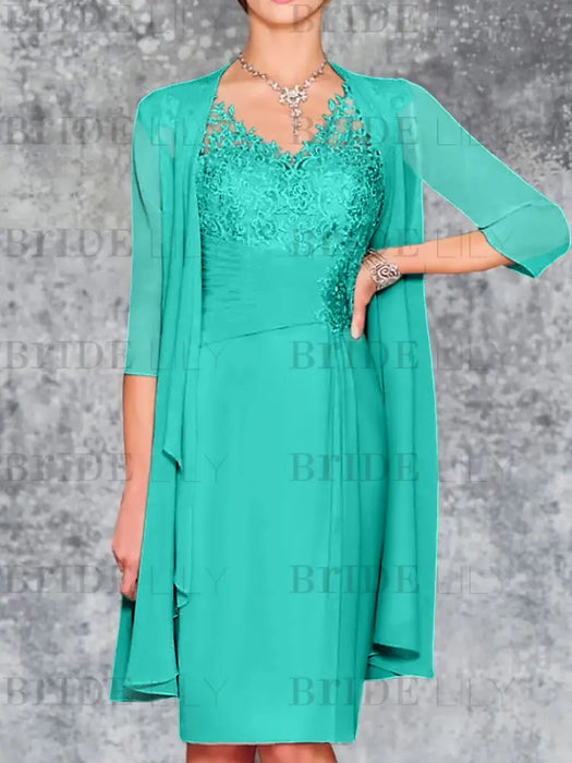 Turquoise Knee-Length V-Neck Sheath/Column Mother of the Bride Dresses