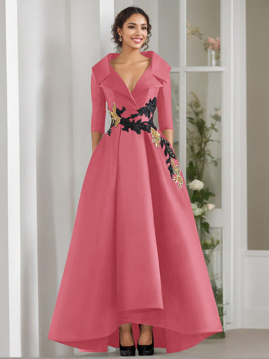 V-Neck A-Line Princess Floor-Length Mother of the Bride Dress with 3/4 Sleeves Appliques and Beading