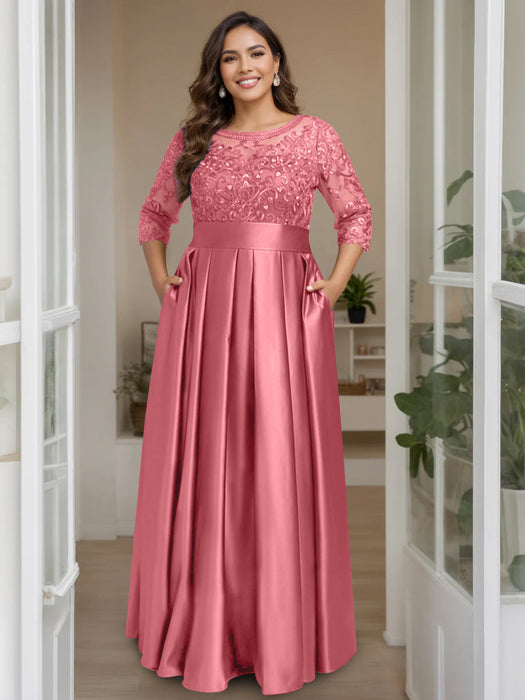 Watermelon Plus Size Floor-Length Mother of the Bride A-Line Dress with 3/4 Sleeves Scoop Neck Bow & Sequins