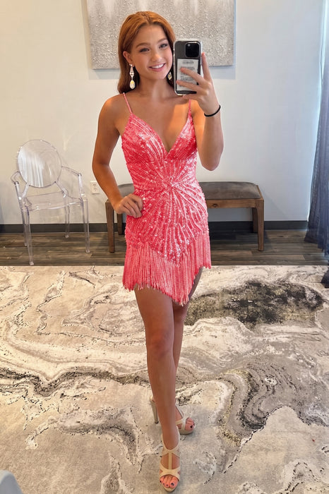 Watermelon Sparkly Beaded Tight Short Homecoming Dress with Fringes