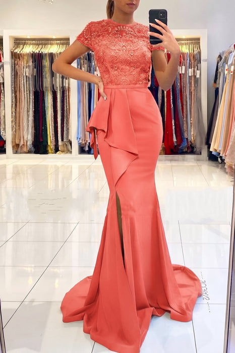 Watermelon Short Sleeve Lace Mermaid Prom Dress with Slit