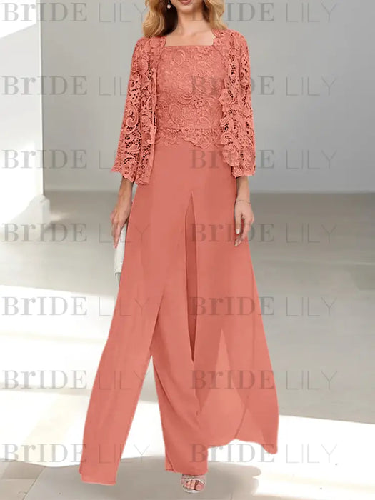 Floor-Length Square Neck Chiffon Mother of the Bride Pantsuit with Jacket & Side Split