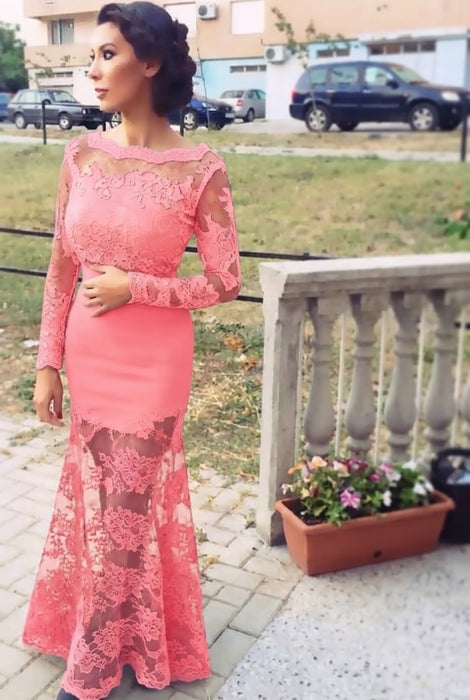 Watermelon Trumpet/Mermaid Bateau Long Sleeves Applique Lace Dresses - Prom Dresses