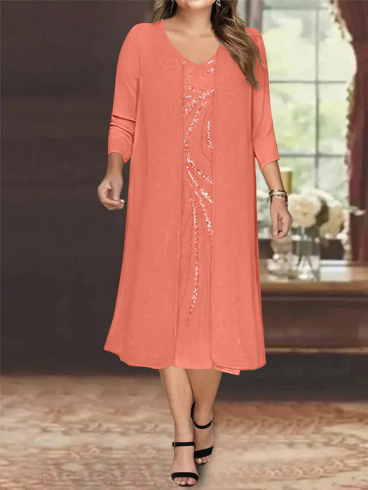 Watermelon V-Neck Long-Sleeve Tea-Length Plus Size Mother of the Bride Dress with Jacket and Sequins