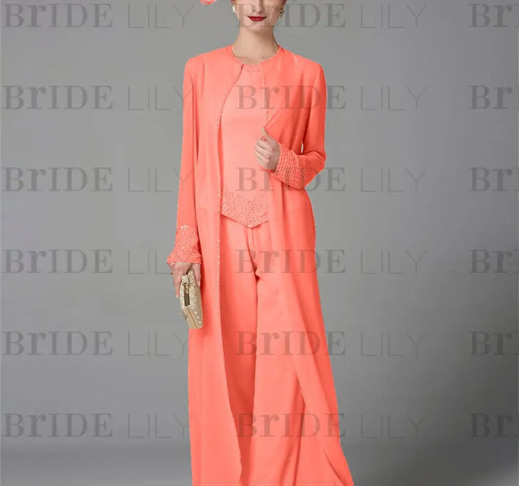 Long-Sleeve Chiffon Mother of the Bride Pantsuit with Jacket and Sequins