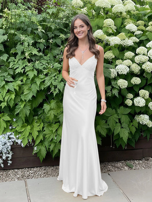 White V-neck Beaded Satin A Line Prom Dress