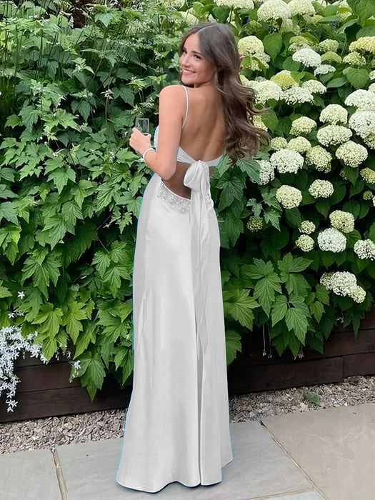 White V-neck Beaded Satin A Line Prom Dress