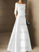 Short-Sleeve Off-the-Shoulder A-Line Mother of the Bride Dress with Belt Applique