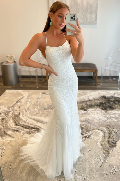 White Lace Mermaid Backless Long Prom Dresses