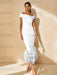 Unique Off-the-Shoulder Tea-Length Mother of the Bride Dress with Short Sleeves and Feathers