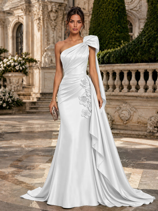 White One Shoulder Satin Mermaid Evening Dresses with 3D Flowers