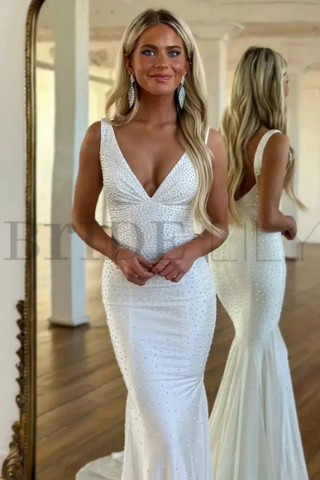 White Prom Dress Mermaid V Neck Long Evening Dress with Beadings - Prom Dresses