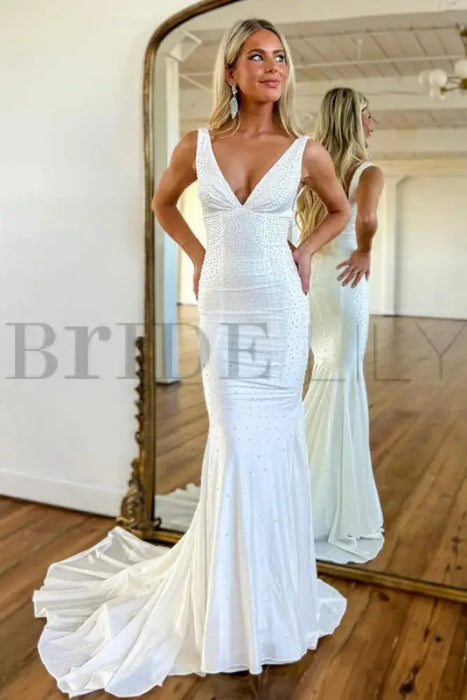 White Prom Dress Mermaid V Neck Long Evening Dress with Beadings - Prom Dresses